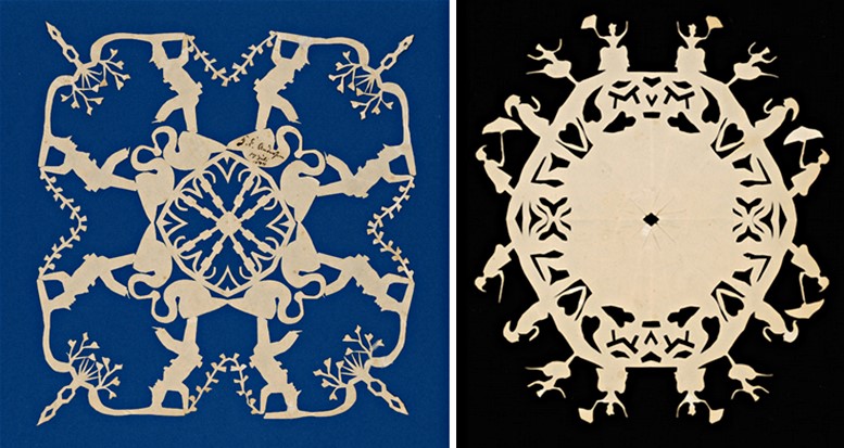 H.C. Andersen: Symmetrisches Muster (links), Hülle für einen Blumenstrauß (rechts), Odense City Museums