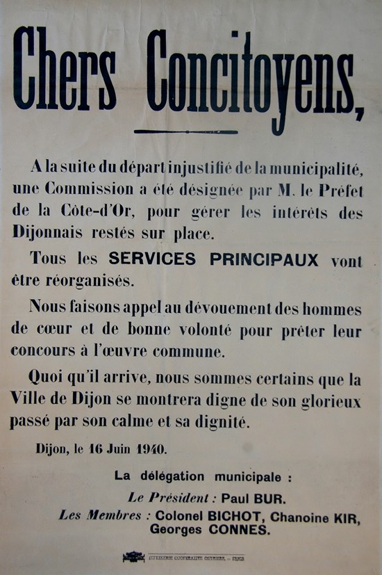 Plakat der kommissarischen Stadtverwaltung, der auch der "Chanoine Kir", der Kanonikus Kir, angehörte.