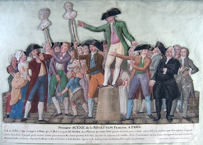 Jean-Baptiste Lesueur: Première scène de la Révolution Française à Paris. Am 12. Juli 1789, zwei Tage vor dem Sturm auf die Bastille, demonstrierten die Pariser ihre Verbundenheit mit dem Finanzminister Jacques Necker und dem Herzog von Orleans, die beide als Gegner des Absolutismus galten, indem sie ihre Büsten durch die Straßen trugen. Bei den Büsten handelte es sich vermutlich um Wachsköpfe, die von Philipp Curtius und Marie Grosholtz hergestellt worden waren.