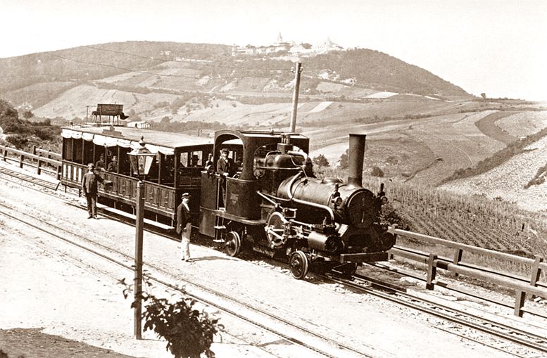 Die von 1874 bis 1922 auf den Kahlenberg fahrende Zahnradbahn (um 1875).