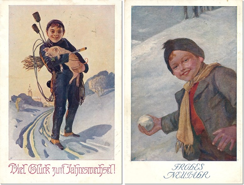 Neujahrskarten 1916 (links) und 1912 (rechts).