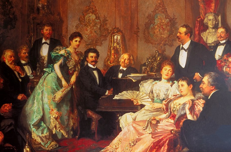 Im Goldmark-Museum von Deutschkreutz ist auch eine Kopie des Gemäldes „Ein Abend bei Johann Strauss“ von Franz von Bayros zu sehen. Goldmark – prominent in der Bildmitte neben dem am Klavier sitzenden Strauss platziert – war Ende des 19. Jahrhunderts ein sehr erfolgreicher Komponist und v.a. durch seine Oper „Die Königin von Saba“ auch international bekannt. (Foto: B. Denscher)