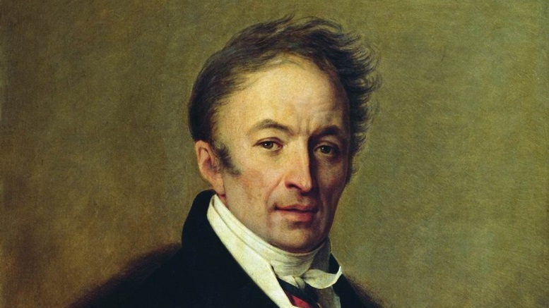 Nikolai Michailowitsch Karamsin porträtiert von Alexei Wenezianow, 1828, Ausschnitt.