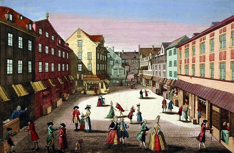 Auerbachs Hof in Leipzig, 1778. Kupferstich nach einer Zeichnung von Johann August Rosmäßler.