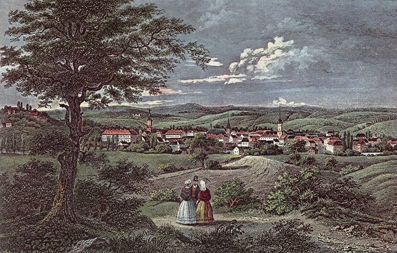 Weimar im frühen 19. Jahrhundert. In seinen Reisebriefen schrieb Karamsin: „Die Lage Weimars ist artig. Die umliegenden Dörfer mit ihren Feldern und Gehölzen gewähren eine anmutige Aussicht. Die Stadt ist nur klein und außer dem herzoglichen Palaste gibt es hier weiter keine großen Gebäude.“