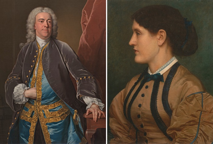 Links: Jean-Baptiste van Loo, Porträt des englischen Diplomaten Stephen Poyntz, ca. 1740. Rechts: Edward John Poynter, Porträt von Eliza Eastlake, 1864 (Beide: Yale Center for British Art, New Haven)