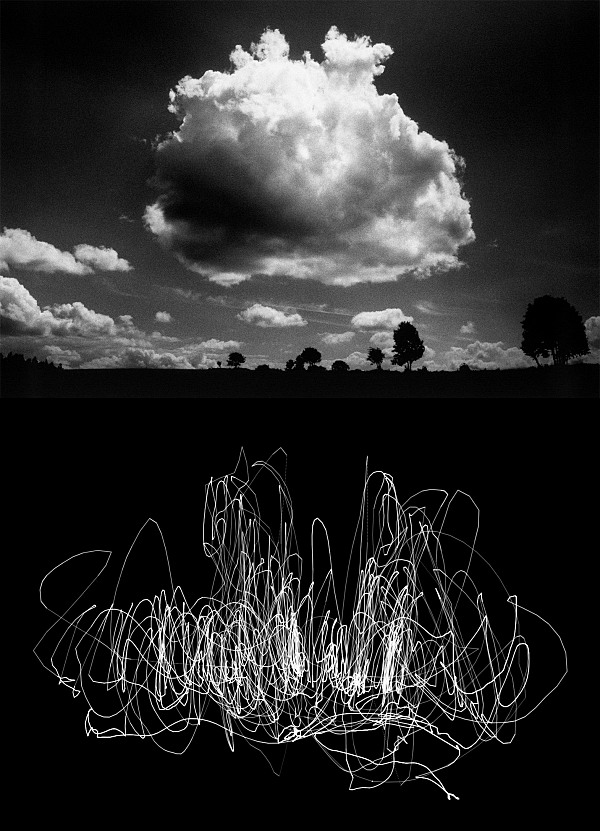 Barbara Klemm: Wolkenstudie (oben) Christoph Brech Nr.V / cis moll (unten), © B. Klemm / Chr. Brech