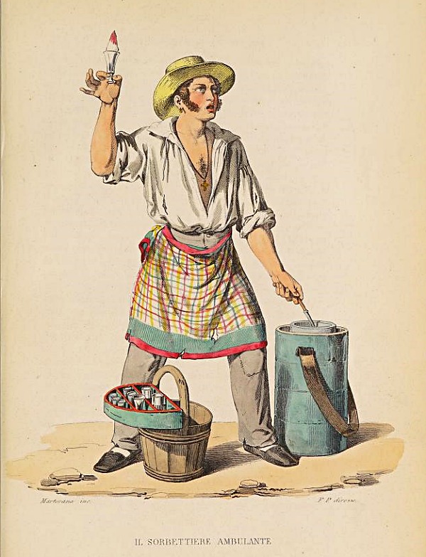 Eisverkäufer – „Il Sorbettiere Ambulante“, Abbildung aus: Francesco de Bourcard, „Usi e costumi di Napoli e contorni descritti e dipinti“, Neapel 1853, S. 177