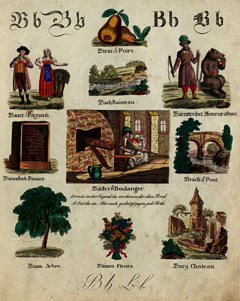 Seite aus dem 1841 in Wien publizierten und von Carl Seipp illustrierten deutsch-französischen „Bilder ABC Buch. Zur Belehrung und zum Vergnügen für die Jugend“.