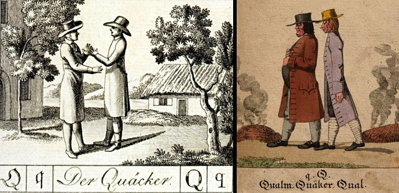 Quäker in dem 1801 in Nürnberg erschienenen Band „Neue ABC-Tafeln nach Pestalozzi-Lehrart“ (links) und im „Neuen ABC-Buch mit 24 sinnvollen und lehrreichen Bildern für gute Kinder“, 1820 in Wien veröffentlicht (rechts).
