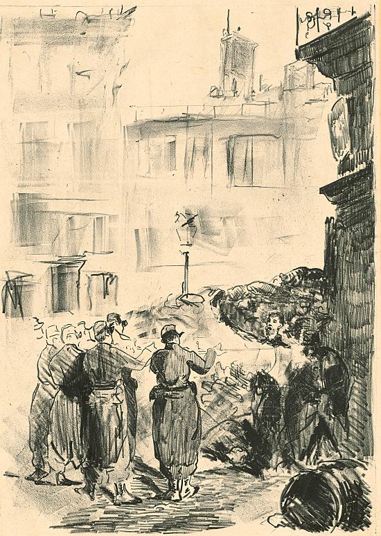 Edouard Manet: Die Barrikade (Szene aus dem Aufstand der Pariser Kommune), 1871. Lithographie; auf gewalztem Chinapapier, 48x34cm. ALBERTINA, Wien