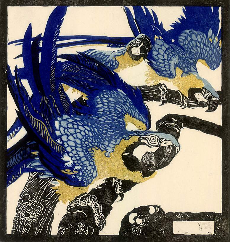 Ludwig Heinrich Jungnickel: Drei blaue Aras, 1909. Farbholzschnitt auf Japanpapier, 33x32cm