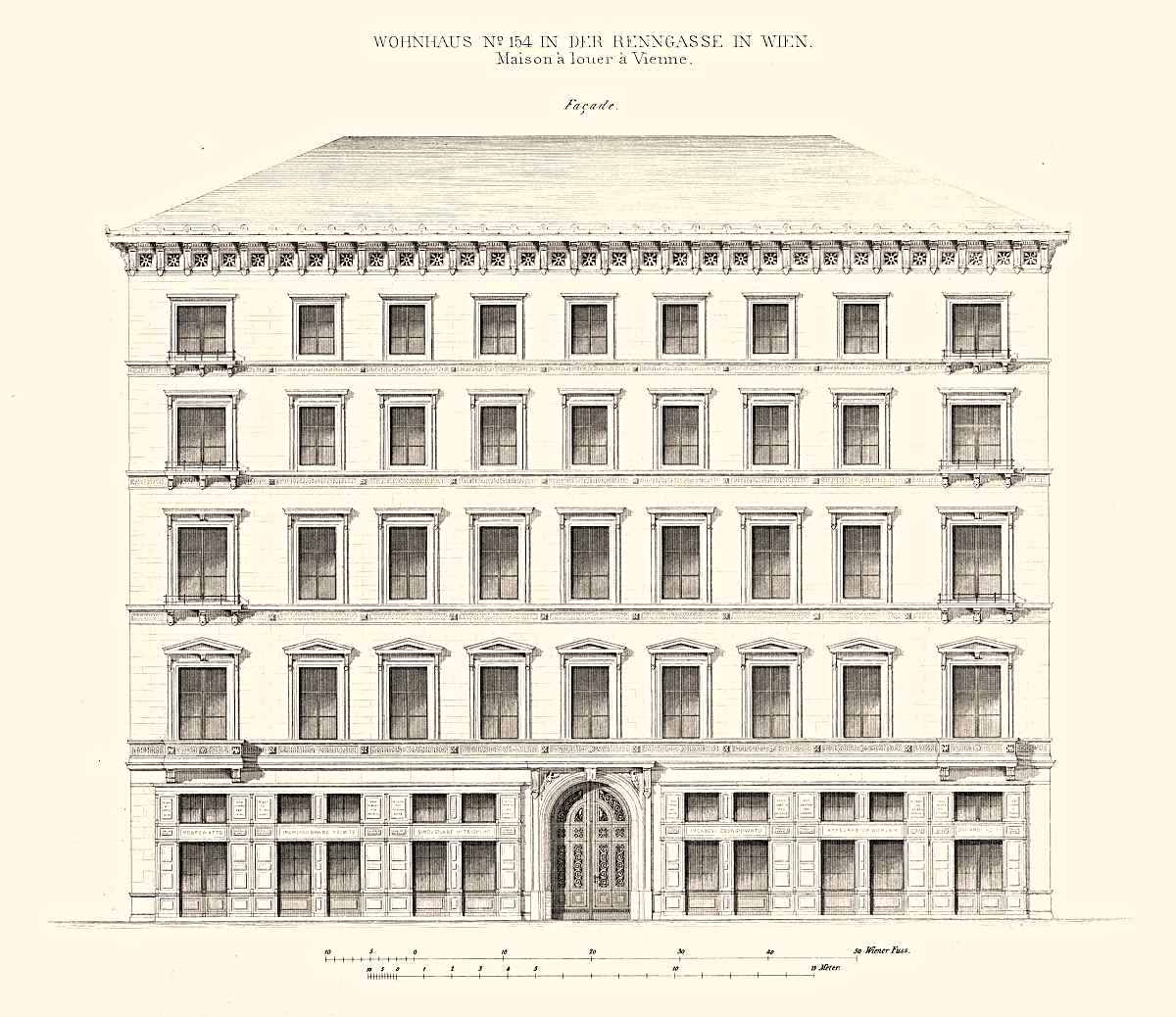 Fassade des Hauses Pereira-Arnstein, Architekt: Ludwig Förster, 1844. Abbildung: Allgemeine Bauzeitung, 1847, Planseite 128 (ÖNB Anno).