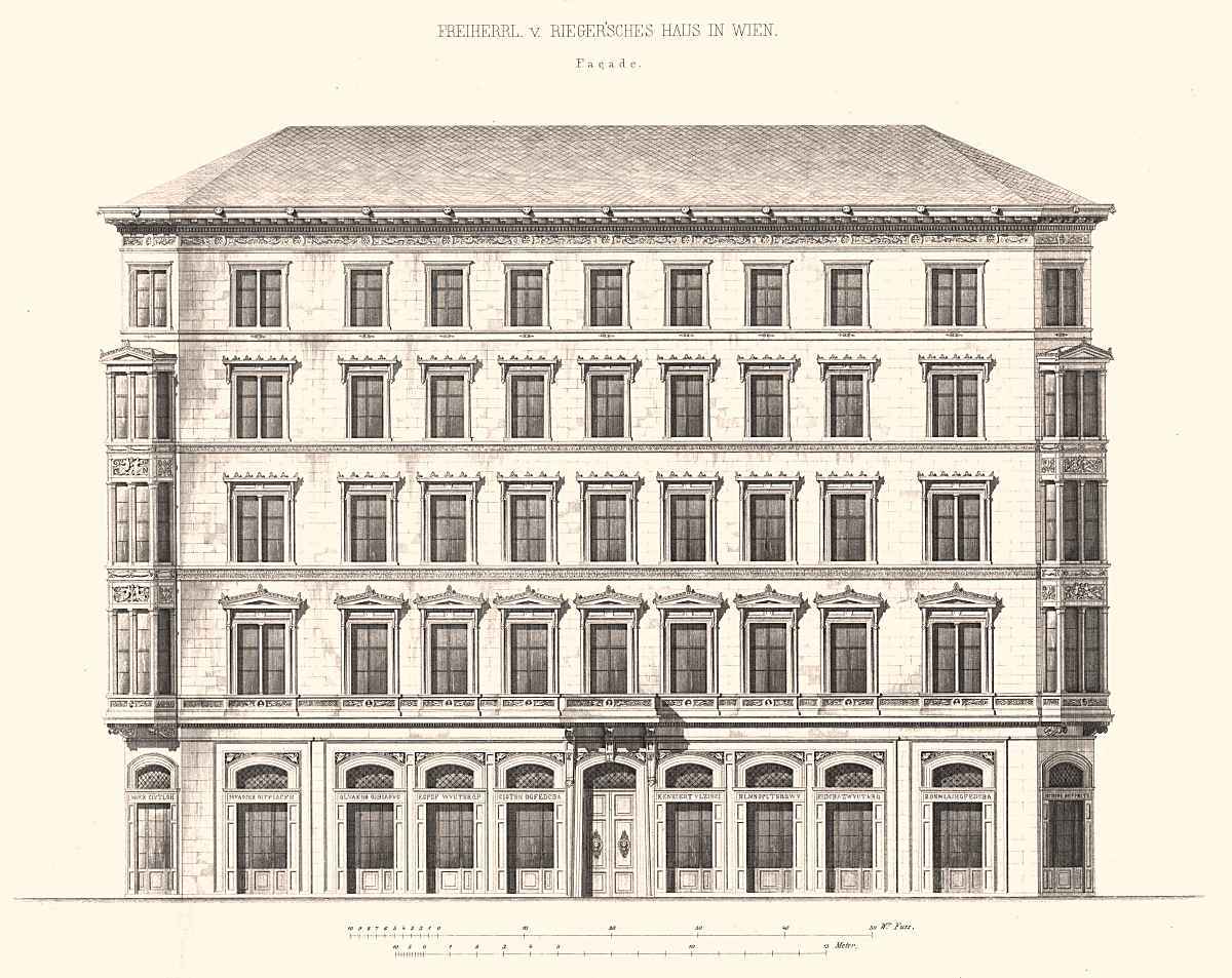 Das von Ludwig Förster und Theophil Hansen gemeinsam entworfene „Freiherrl. v. Rieger‘sches Haus“, ein 1847–1849 errichtetes Wohn- und Geschäftshaus in der Wiener Innenstadt, Wollzeile 26 / Riemergasse 2. Abbildung: Allgemeine Bauzeitung 1852, Planseite 438 (ÖNB Anno)