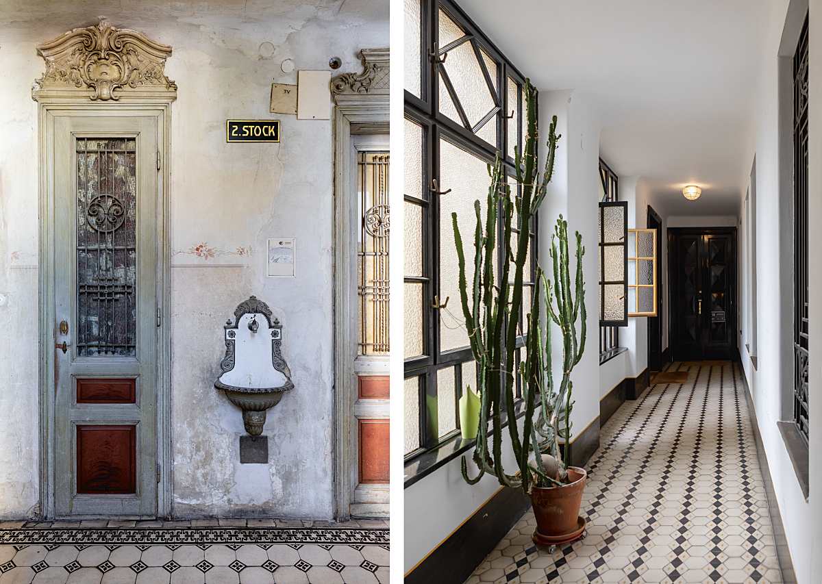 Links: Abort und Bassena eines Hauses in der Sturzgasse / Rechts: Gang eines 1913/14 errichteten Hauses in der Siebensterngasse, Architekten: Oskar Czepka und Arnold Wiesbauer. Fotos: Nora Schoeller