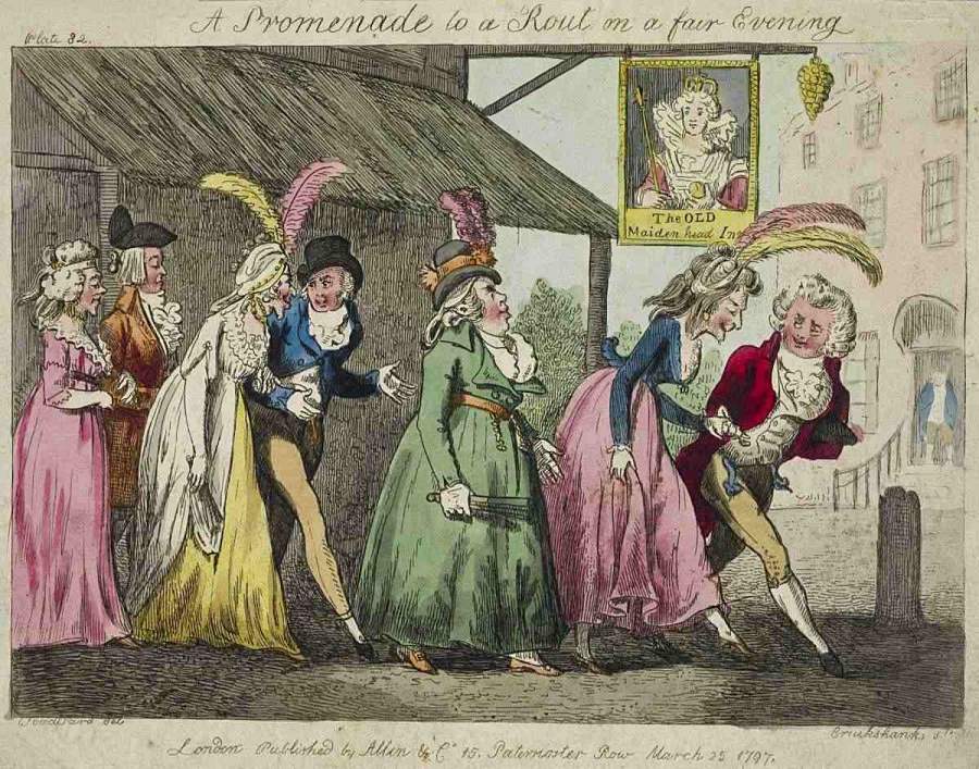 „A Promenade to a Rout on a fair Evening“ heißt diese 1797 entstandene Radierung von Isaac Cruikshank, der sich mehrfach in Karikaturen mit dem Thema „Rout“ beschäftigte