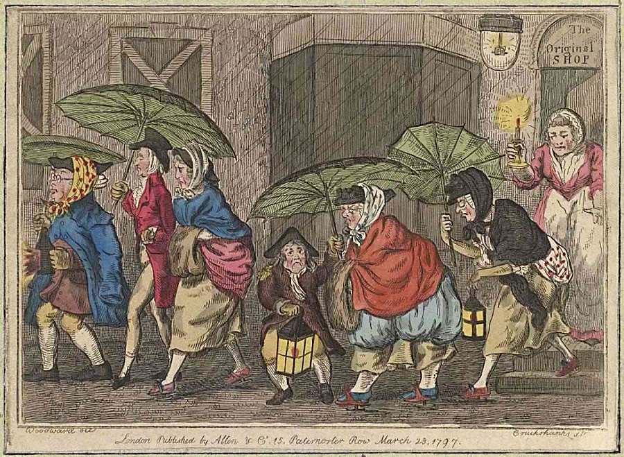 Isaac Cruikshank: „Returning from a Rout on a rainy Night“. 1797