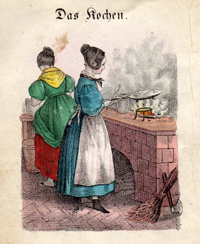 Kochen am offenen Feuer, Lithografie aus Gustav Holting „Die kleine Hausfrau“, Berlin 1845.