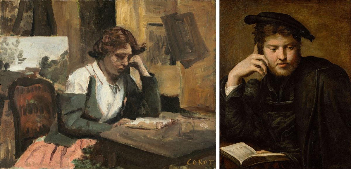 Links: Jean-Baptiste-Camille Corot, Lesende junge Frau, um 1868 (Courtesy National Gallery of Art, Washington). Rechts: Francesco Mazzola gen. Parmigianino, Bildnis eine Mannes mit Buch, 1525/1526 (Kunsthistorisches Museum Wien, ©KHM-Museumsverband)