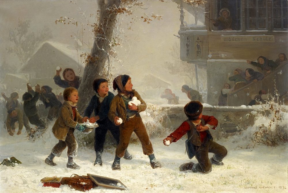 Edouard Girardet (1819-1880): Schneeballschlacht, 1874 (Artvee, Public Domain)