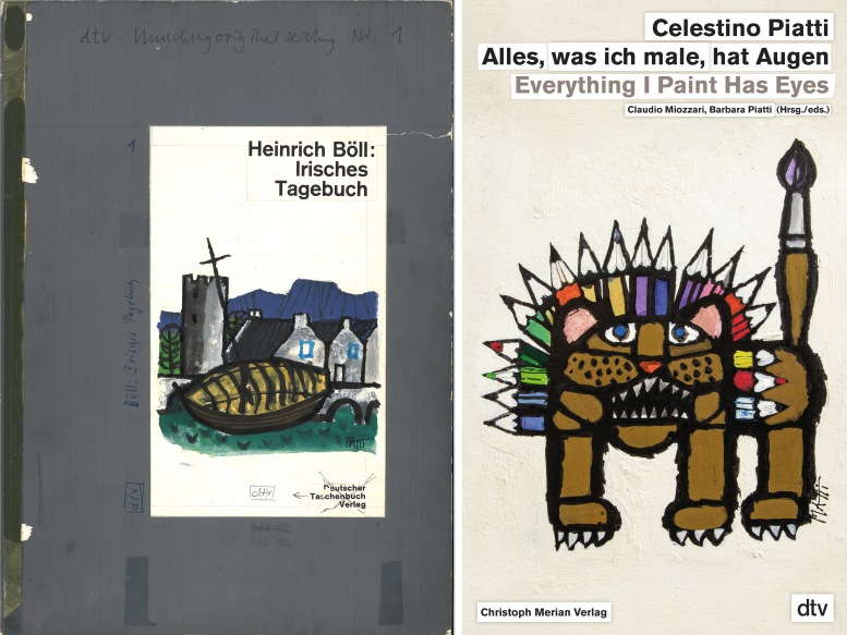 Links: Entwurf für „Heinrich Böll, Irisches Tagebuch“ (= dtv Nr. 1), Acryl auf grau bemaltem Karton, um 1960 / Rechts: Buchcover
