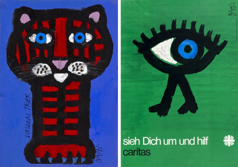 Links: Ursulas Tiger, Acryl und Tusche auf Karton, 1967 / Rechts: Plakat, 1977
