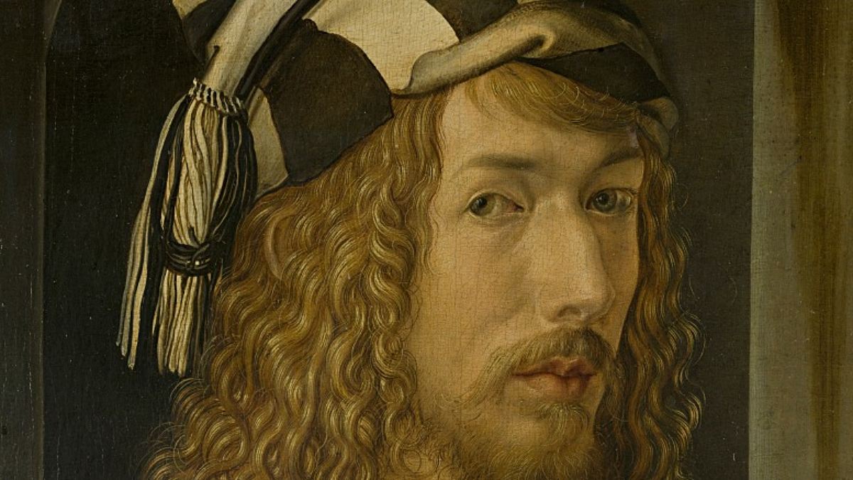 Albrecht Dürer: Selbstporträt (1498, Ausschnitt). Alle Abbildungen von Dürer-Werken: Wikimedia Commons.
