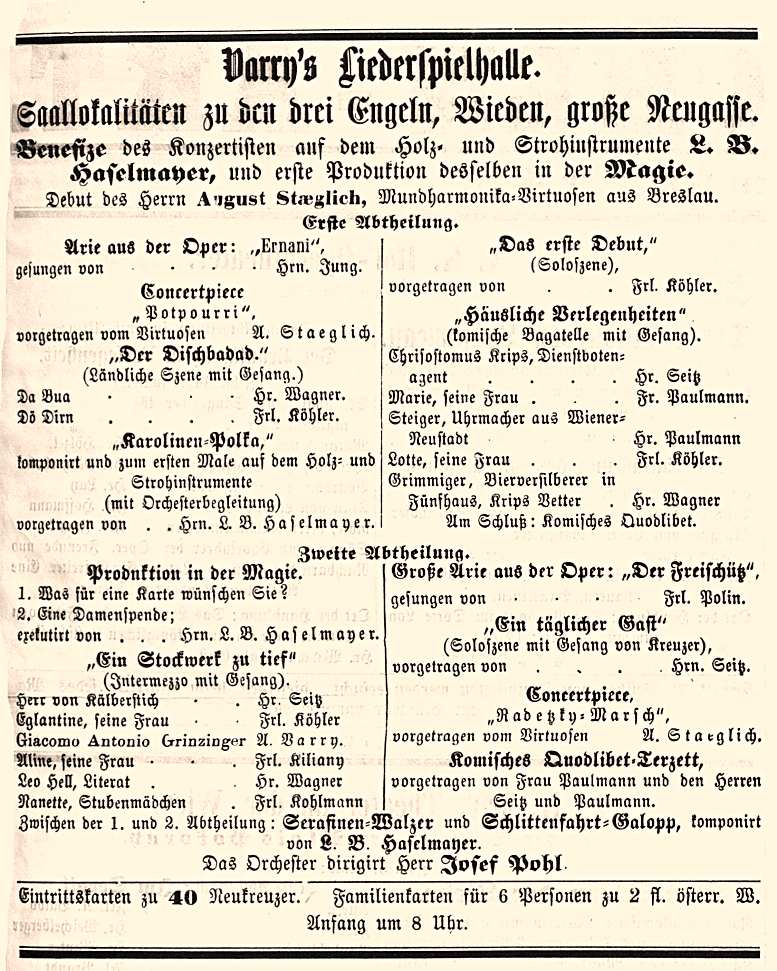 Ankündigung von Ludwig Haselmayers Debut als Magier in der Wiener Zeitschrift „Der Zwischen-Akt“, 14.11.1860, S. 2