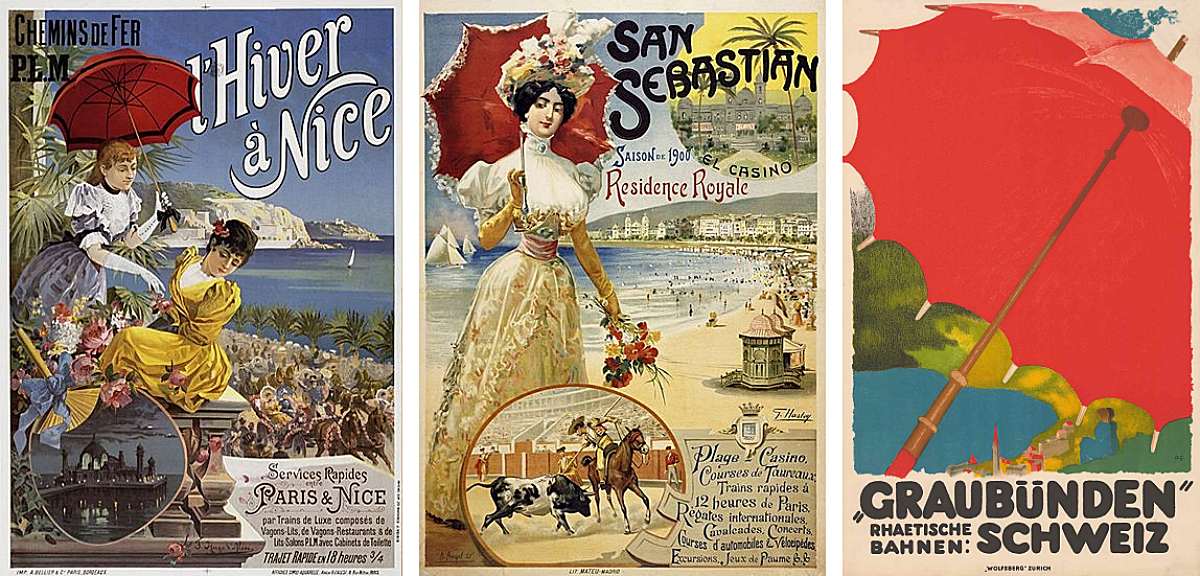 Von links nach rechts: „L’Hiver à Nice“, Plakat, Frédéric Hugo d’Alesi, um 1895;  „San Sebastian“, Plakat, G. Hartoy, 1900 (beide: © Museum Folkwang / Deutsches Plakat Museum: Sammlung Reisen in Luxus, Fotos: Jens Nober); „Rhätische Bahn“, Plakat, Augusto Giacometti, 1924 (Wikimedia Commons)