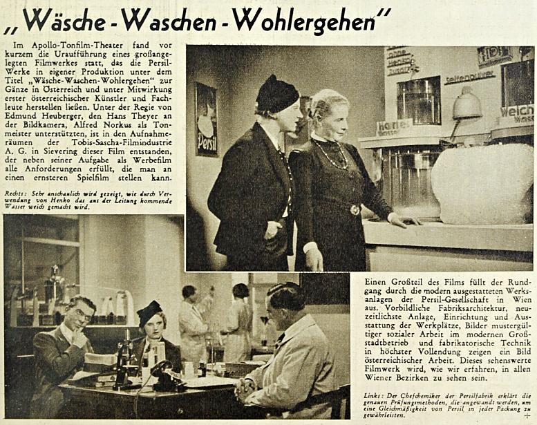 Bericht über jene Variante des Films „Wäsche-Waschen-Wohlergehen“, die speziell für den österreichischen Markt produziert wurde. In: Die Bühne, Februar 1934, Heft 369, S. 35. ÖNB/ANNO