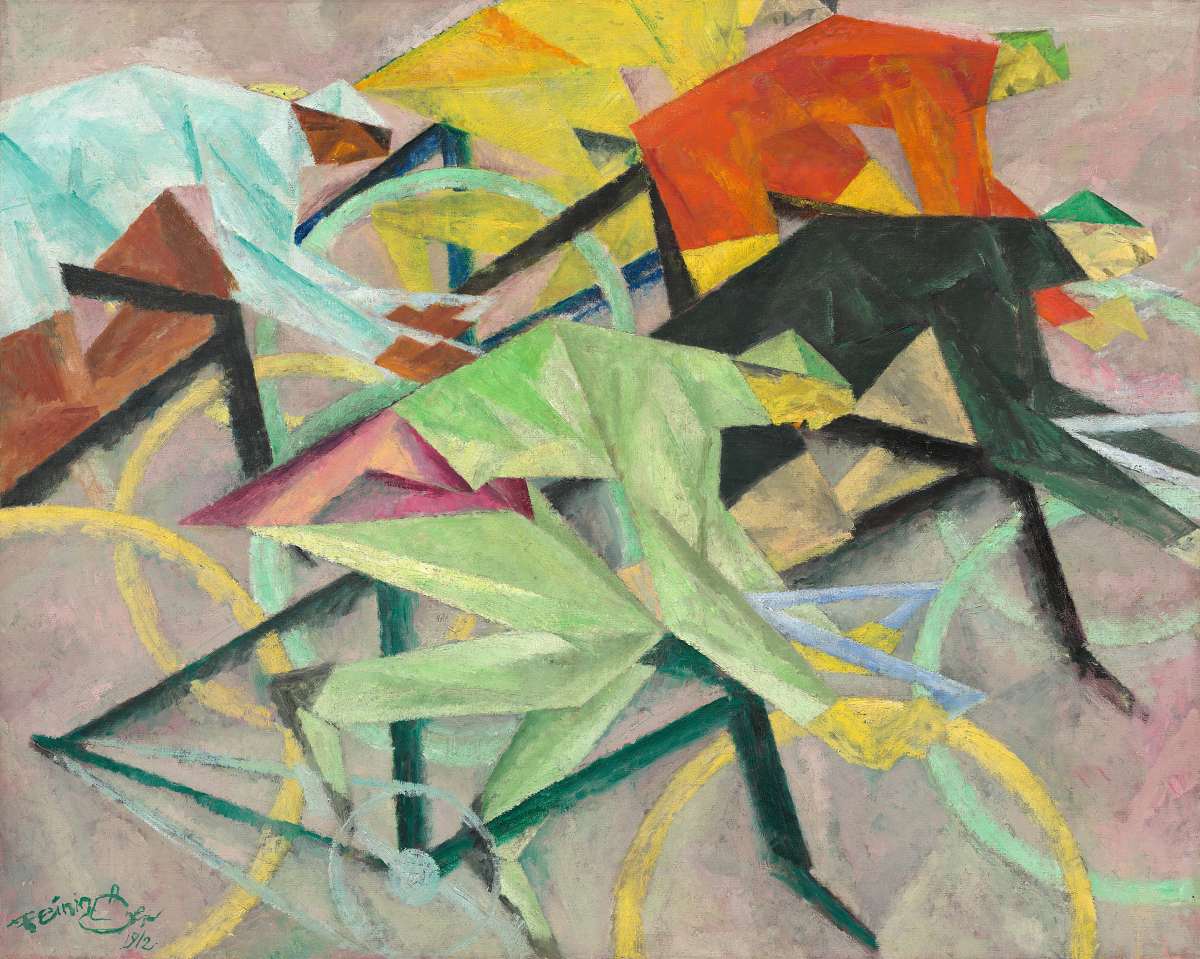 Lyonel Feininger, Die Radfahrer (Radrennen), 1912, Gallery of Art, Washington,
DC, Sammlung von Mr. und Mrs. Paul Mellon, 1985.64.17, © VG Bild-Kunst, Bonn 2023
