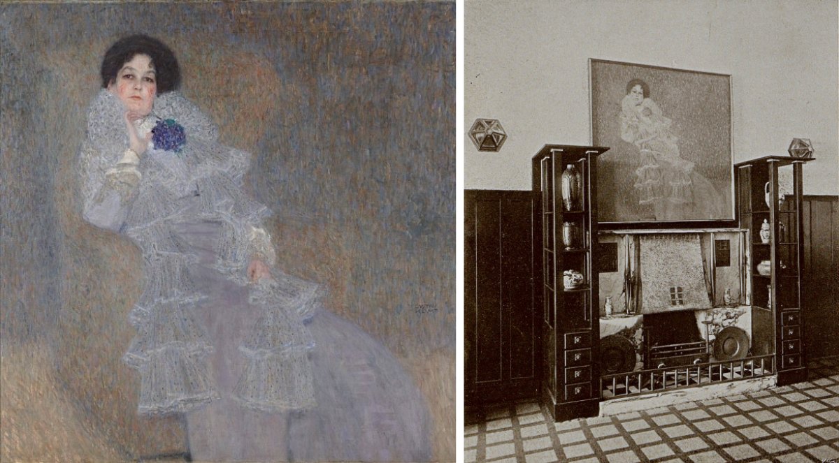 Links: Ansicht aus der „Halle“ in der von Josef Hoffmann geplanten Villa Henneberg in Wien-Döbling (Das Interieur, 1903/4, ANNO ÖNB) / Rechts: Porträt Marie Henneberg (Kunstmuseum Moritzburg Halle – Saale)