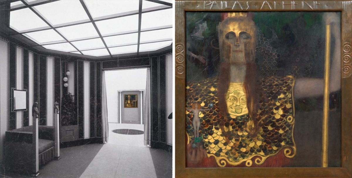 Links: Moriz Nähr, Ansicht aus der von Josef Hoffmann gestalteten 18. Ausstellung der Wiener Secession im Jahr 1903, im Hintergrund ist Klimts „Pallas Athene“ zu sehen (Österreichische Nationalbibliothek, Bildarchiv und Grafiksammlung) / Rechts: Gustav Klimt, Pallas Athene, 1898, (Wien Museum, Foto: Birgit und Peter Kainz, CC BY 4.0)