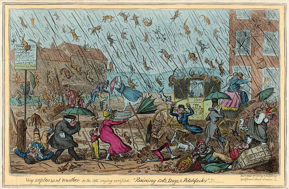 George Cruikshank: „Very unpleasant weather, or the old saying verified ‚Raining cats, dogs, & pitchforks‘!!!“. 1820 (National Gallery of Art, Washington)