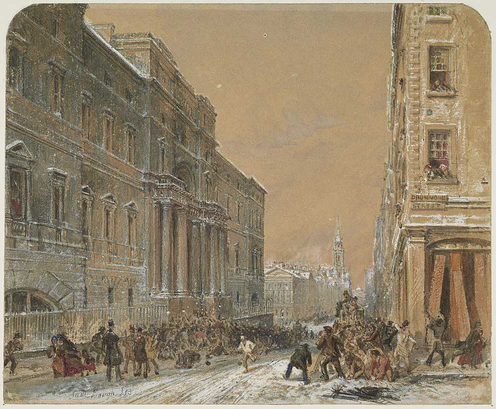 Samuel Bough (1822-1878): Snowballing Outside Edinburgh University. 1853 (Scottish National Gallery of Modern Art, Creative Commons CC by NC)