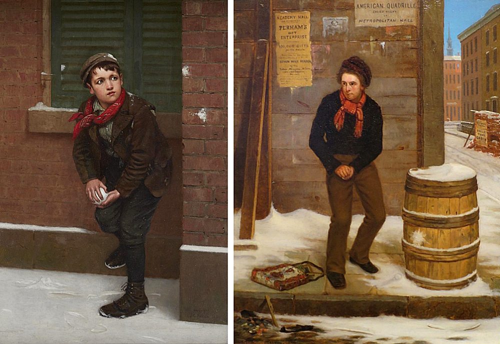Links: John George Brown (1831–1913): Anticipating the Perfect Moment, um 1897. Rechts: George Henry Yewell (1830–1923): Self Defense, 1854 (beide Wikimedia Commons)