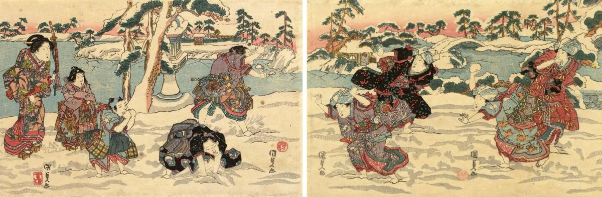 Utagawa Kunisada (1786–1865): Zwei korrespondierende Blätter zum Thema Schneeballschlacht (Ausschnitt), um 1825 (Rijksmuseum Amsterdam, Public Domain)