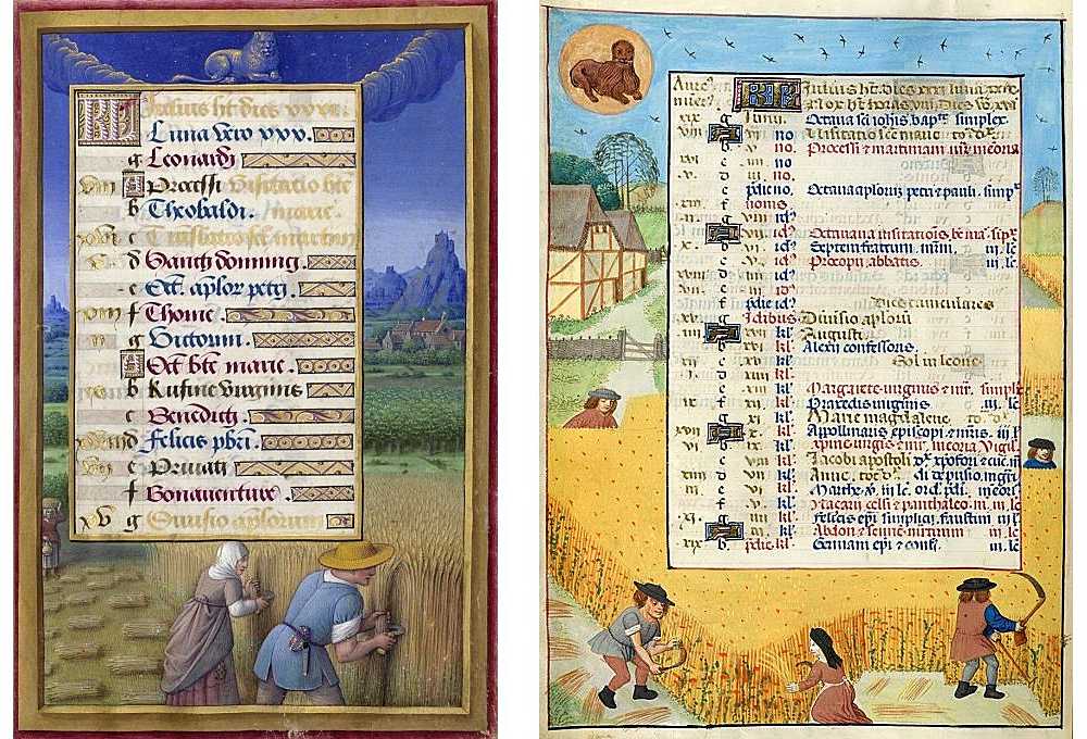 Links: Jean Bourdichon: Juli. Aus dem Stundenbuch der Anne de Bretagne. Um 1500 (Bibliothèque nationale de France). Rechts: Anonym: Juli. Aus dem Stundenbuch der Isabella of Castile. Um 1480 (British Library)