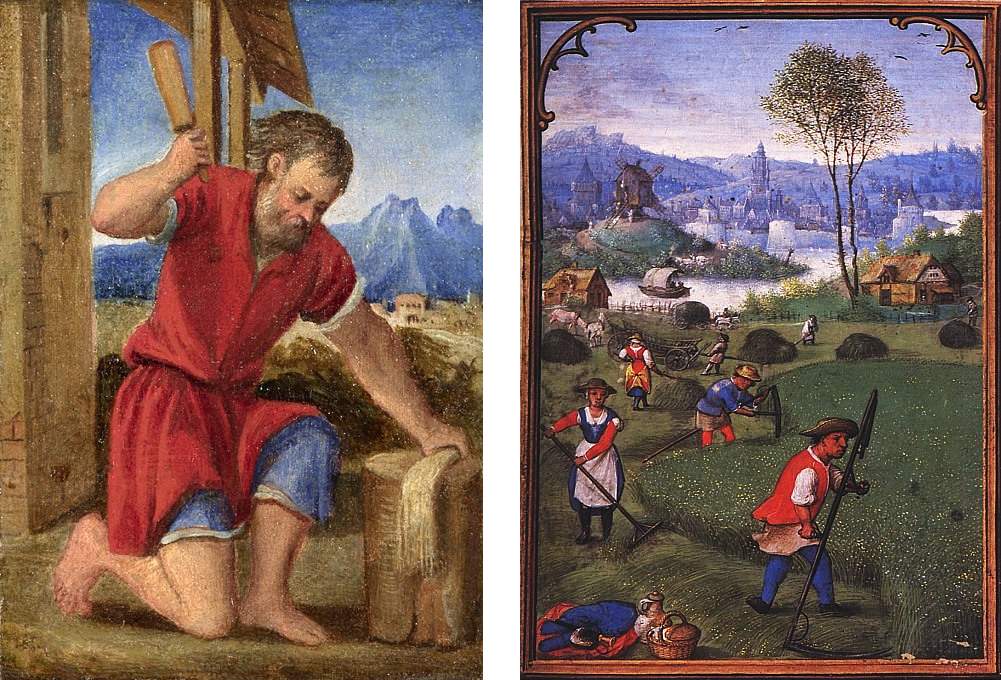 Links: Anonym (venezianisch): Monatsbild Juli. Um 1580 (The National Gallery, London). Rechts: Simon Bening: Juli. Aus einem flämischen Stundenbuch. 1. Hälfte 16. Jahrhundert (Staatsbibliothek München)