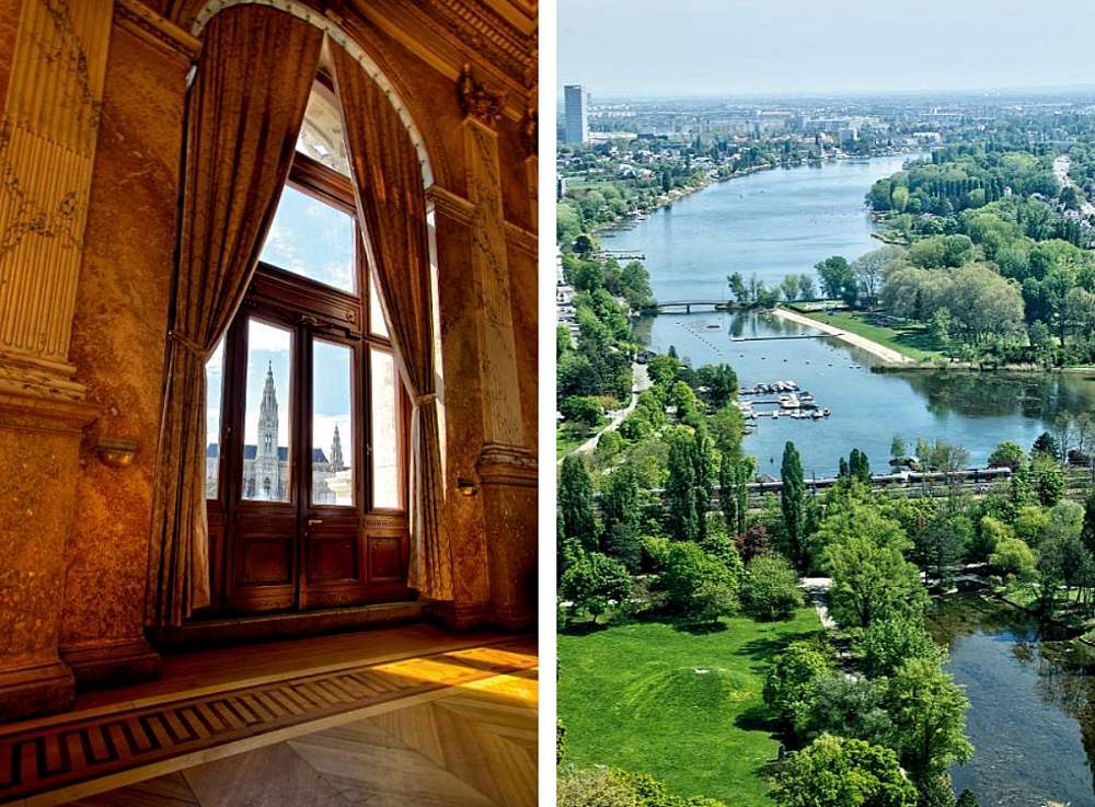 Links: Fensterblick auf das Rathaus aus dem Pausenfoyer des Burgtheaters. Rechts: Aussicht aus dem Peak Vienna Bürogebäude auf die Alte Donau