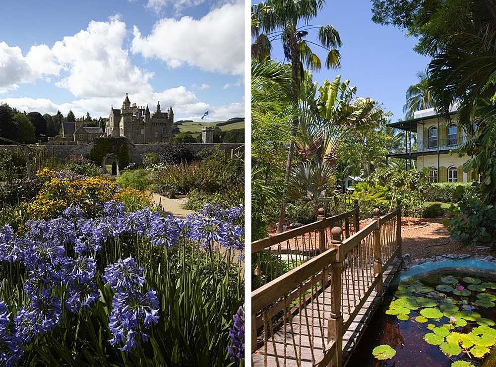 Aus dem Band „Die Gärten der Literaten“: Sir Walter Scotts Abbotsford (links) und Ernest Hemingways Garten in Key West, Florida (rechts). Beide Fotos © Richard Hanson