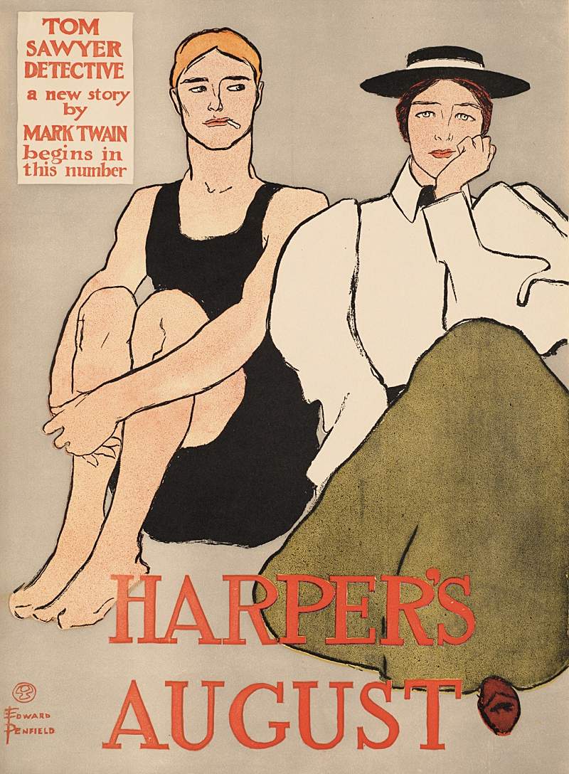Titelblatt von „Harperʼs New Monthly Magazine“, August 1896, gestaltet vom renommierten amerikanischen Grafiker Edward Penfield. Dieser war von 1890 bis 1901 für das Magazin tätig gewesen und hatte dessen Erscheinungsbild mit zahlreichen Entwürfen in markanter Weise geprägt.