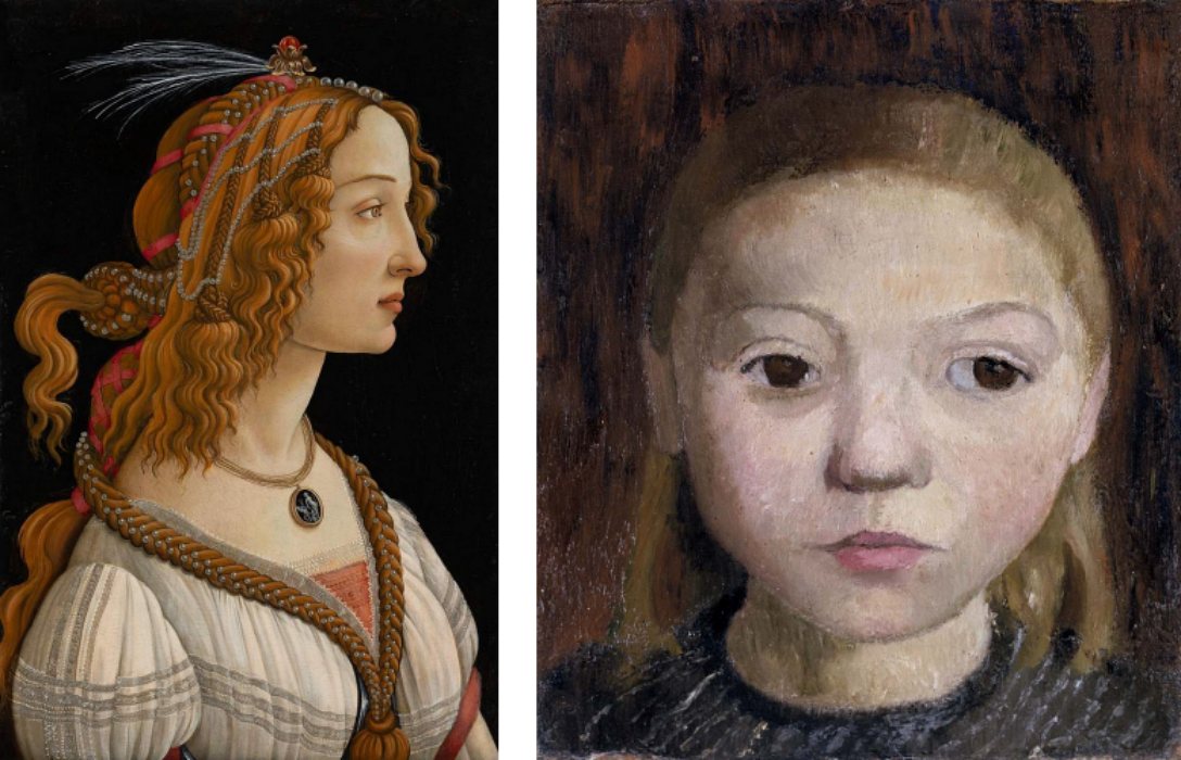 Links: Sandro Botticelli, Weibliches Idealbildnis (Bildnis der Simonetta Vespucci als Nymphe), ca. 1480 – 1485. Rechts: Paula Modersohn-Becker, Mädchenkopf, ca. 1905 (beide: Städel Museum, Frankfurt a. M.)