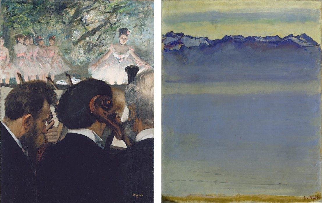 Links: Edgar Degas, Die Orchestermusiker, 1872. Rechts: Ferdinand Hodler, Genfer See mit den Savoyer Alpen, 1907-1911 (beide: Städel Museum, Frankfurt a. M.)