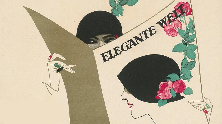 Werbeplakat (Ausschnitt) für die Berliner Modezeitschrift „Elegante Welt“, gestaltet von Hans Rudi Erdt (1913).