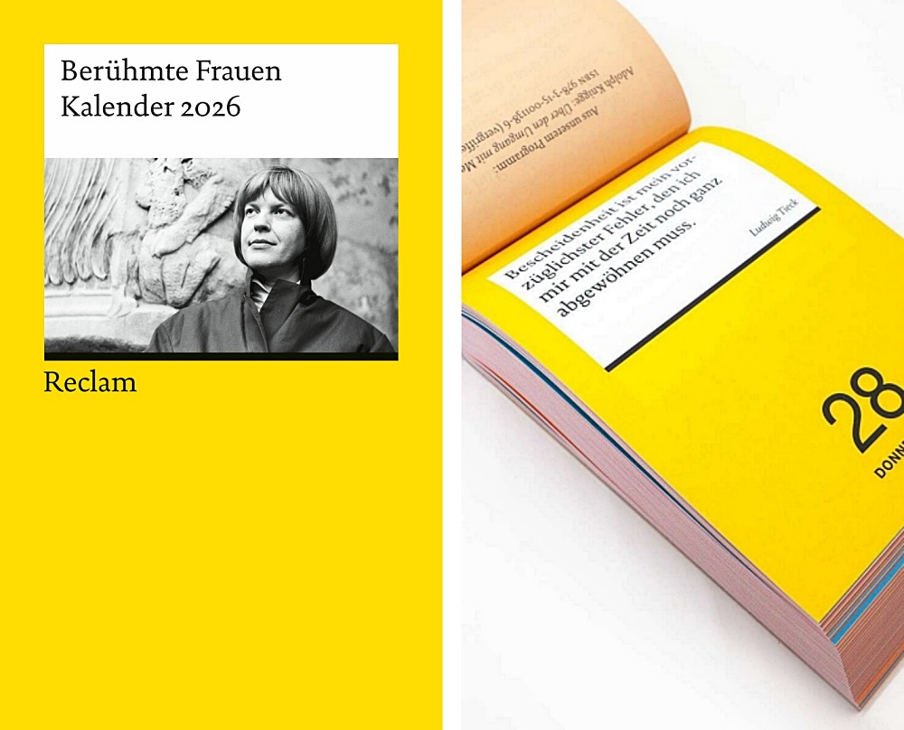 Links Titelblatt des Kalenders „Berühmte Frauen“. Rechts: Ein Blatt aus dem Kalender „Tag für Tag. Weltliteratur zum Abreißen 2026“