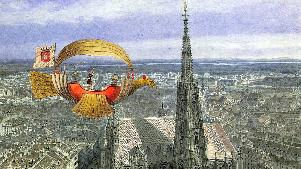 Bildmontage unter Verwendung des Aquarells „Ballonfahrt über Wien“ von Jakob Alt (Wien Museum CC BY 4.0) und der Grafik „Figure de la Barque inventée en 1709 par Laurent de Gusman“ (gallica.bnf.fr / Bibliothèque nationale de France)