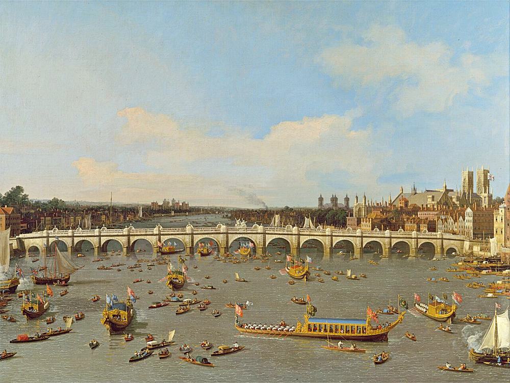 Canaletto: London. Westminster Bridge mit der Lord Mayor's Procession auf der Themse. 1747 (Wikimedia Commons)