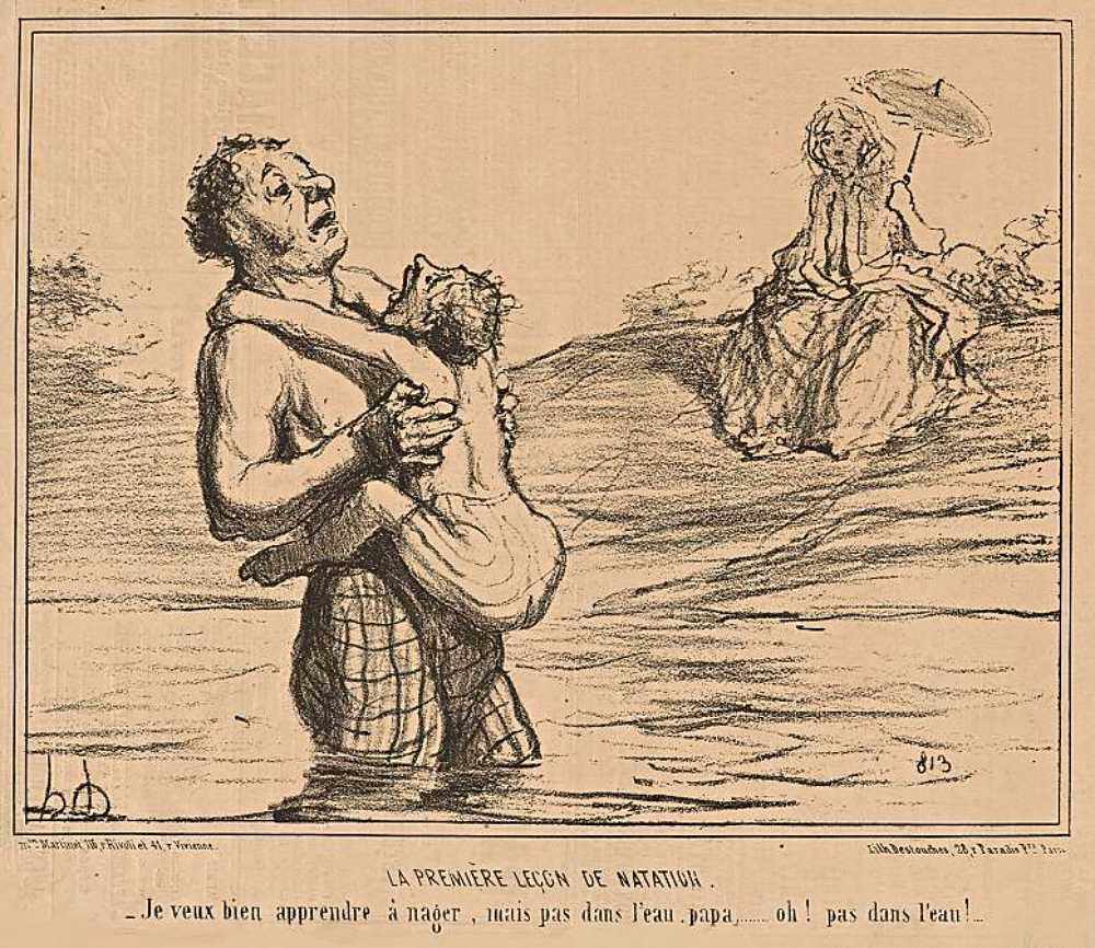 Honoré Daumier: „Die erste Schwimmstunde. Ich möchte gerne schwimmen lernen, aber nicht im Wasser, Papa … oh! nicht im Wasser!“ (1855)