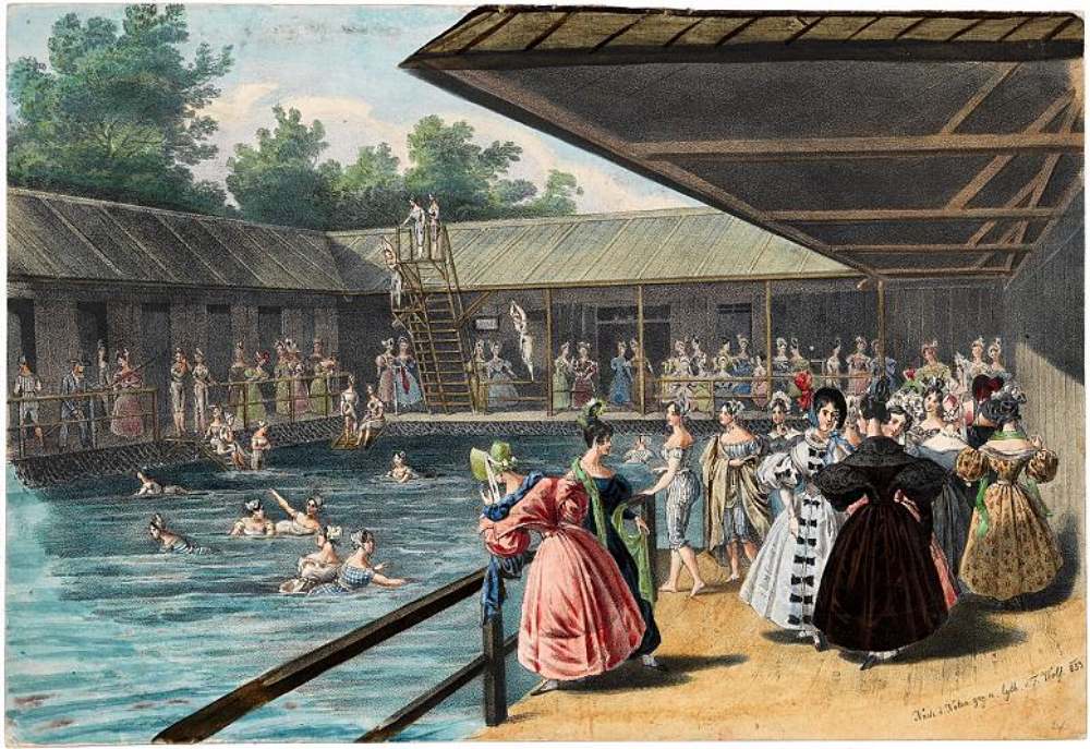 Die 1831 eröffnete Wiener „Ferdinand-Marien-Donau-Schwimm- und Badeanstalt“, die auch die erste Wiener Schwimmschule für Frauen beherbergte (Lithografie von Franz Wolf, 1833)